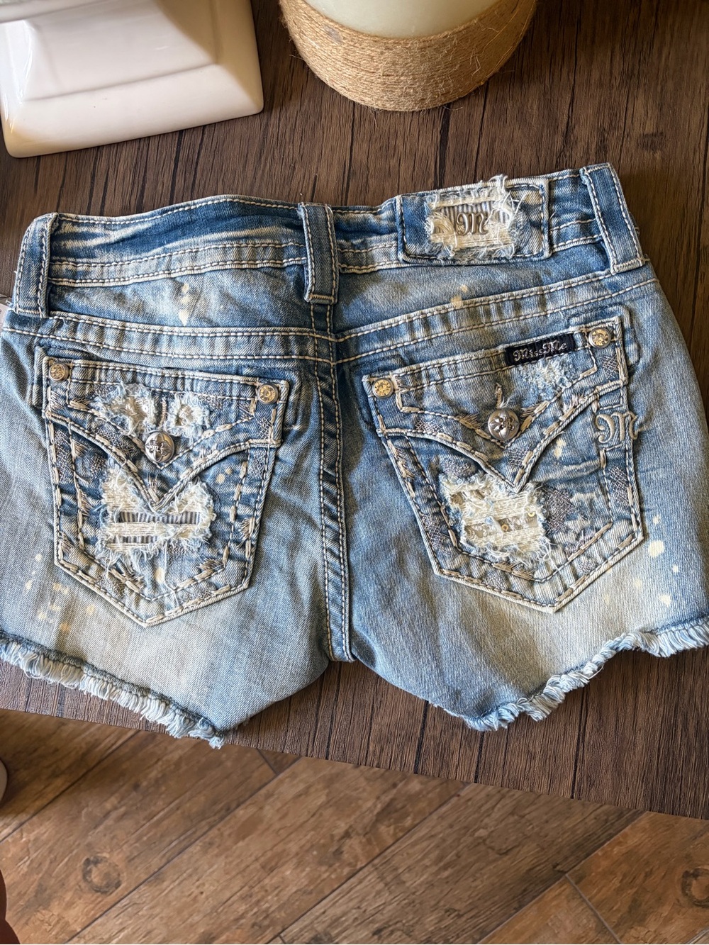 Miss Me Light Wash Distressed Denim Shorts with Rhinestone Trim - Picture 4 of 9